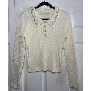 Lizette Collection Pearl Embellished Cable‎ Knit Sweater Womens Size L Ivory